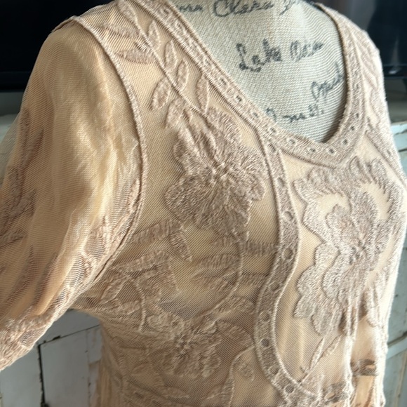 Orange Creek lined lace embroidered scalloped hem boho hippie dress tan/orange - Picture 4 of 16